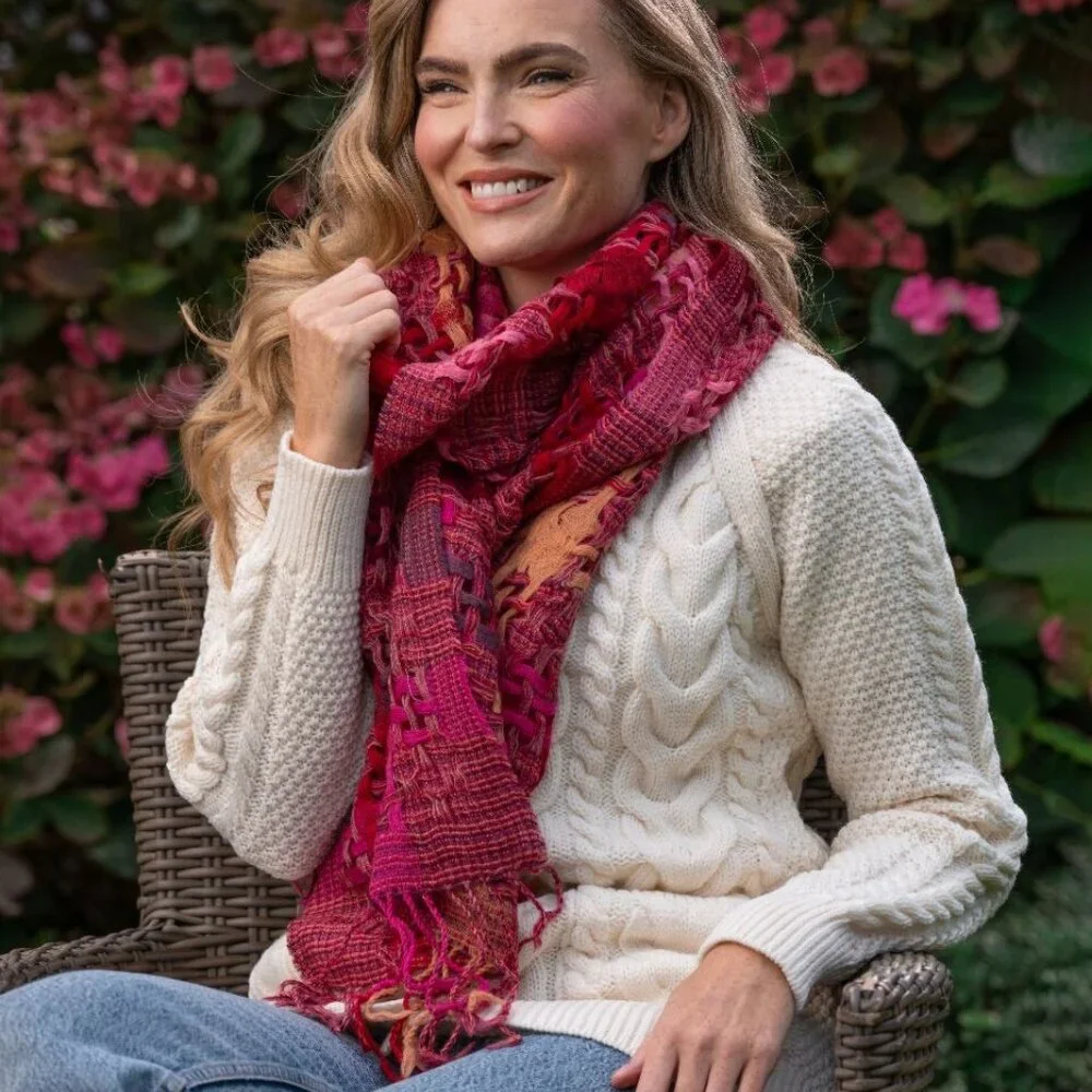 Suantrai of Ireland Open Weave Wool Scarf Pink and Orange